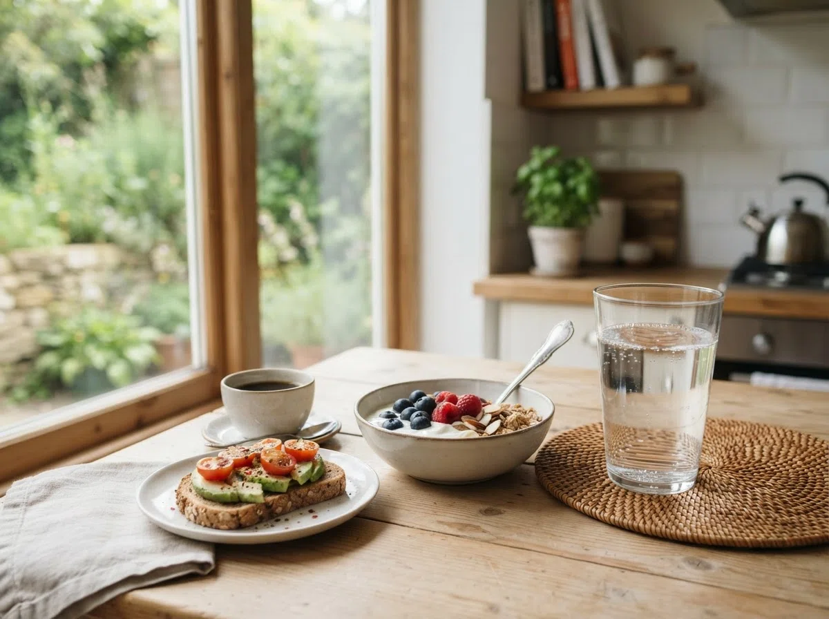 Morning breakfast table with coffee, toast, and water glass